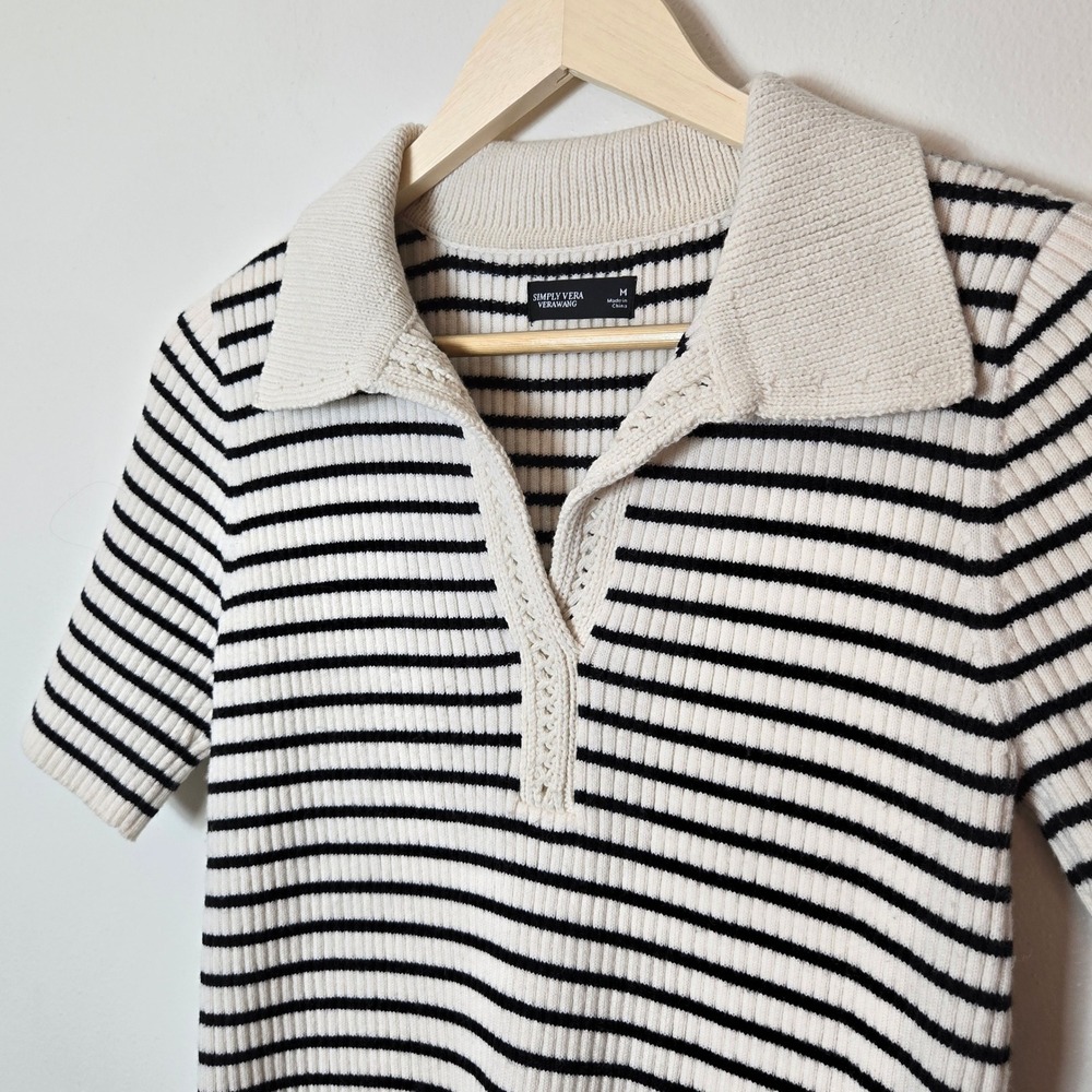 Simply Vera Vera Wang Womens Striped Ribbed Knit Polo Sweater Cream Black Medium